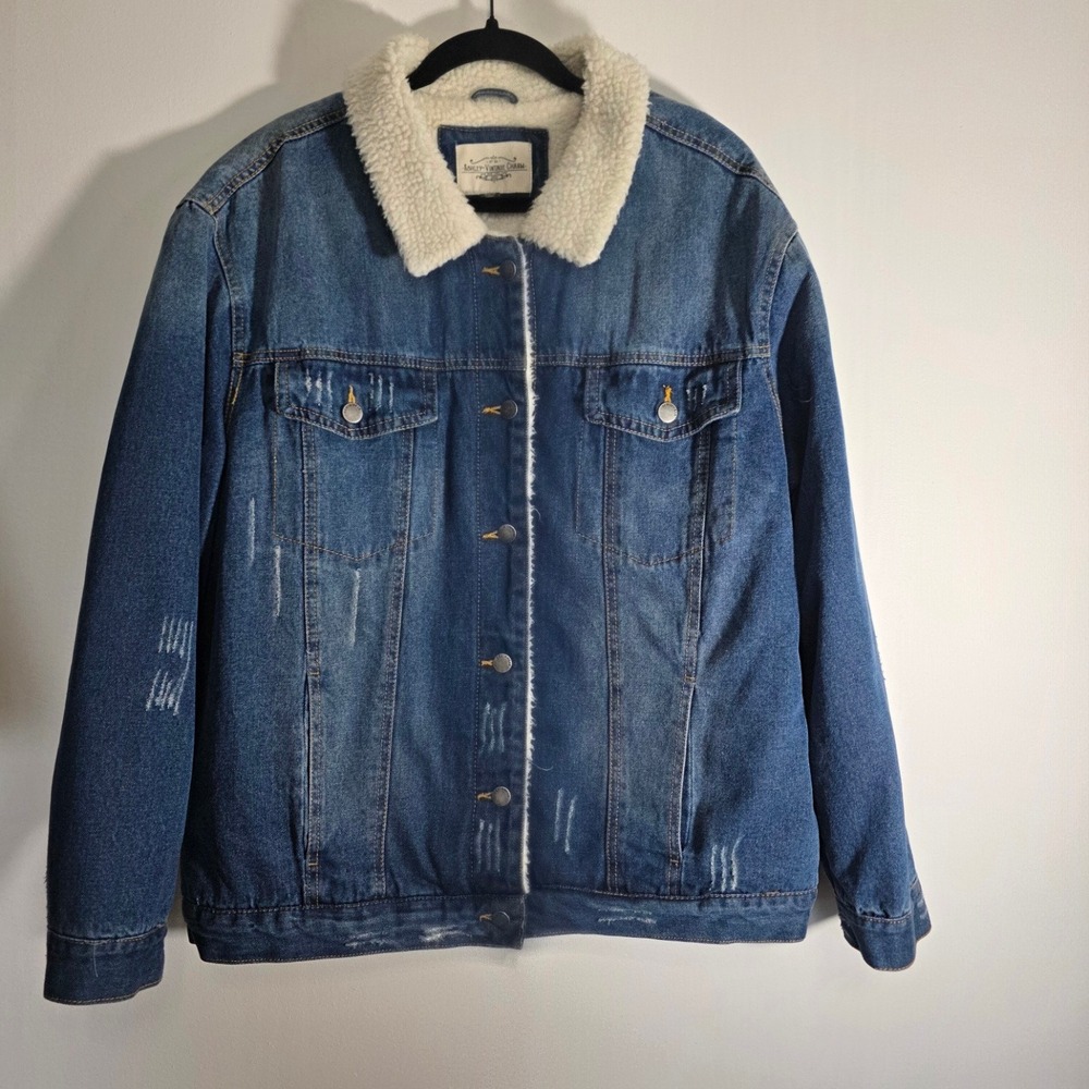 Ashley Vintage Charm Distressed Denim Jacket XL Sherpa Lined Trucker Coat Fall